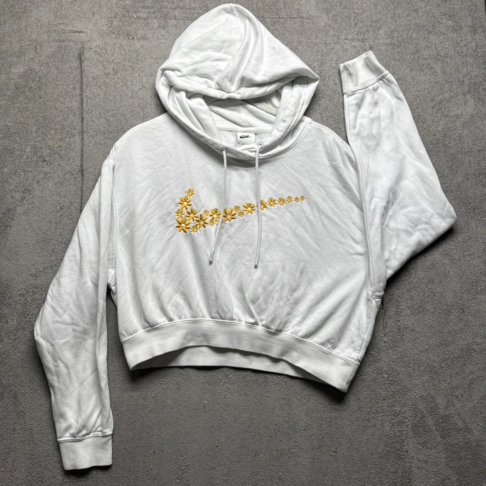 Nike Women's White Cropped Hoodie Gold‎ Embroidered Center Swoosh Sweatshirt XS